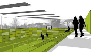 Schule mit Sporthalle Waldershof Innenraumperspektive Sporthalle